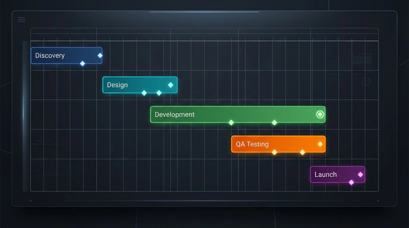 마이그레이션 프로젝트의 단계별 타임라인을 보여주는 간트 차트 다이어그램