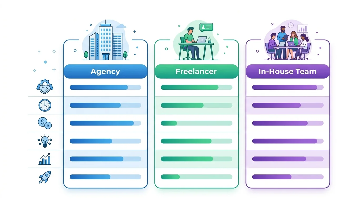 에이전시, 프리랜서, 인하우스 팀의 비용과 위험도를 비교하는 차트