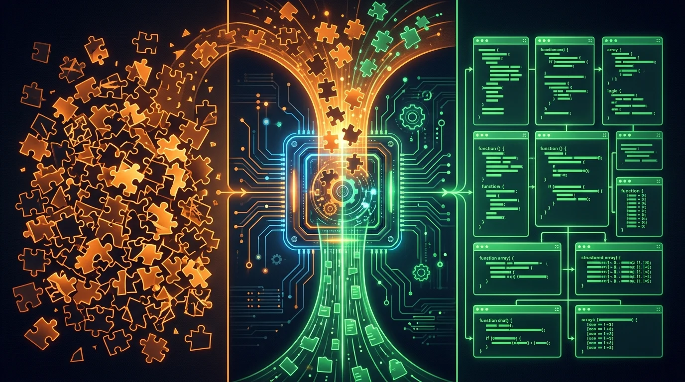 Side-by-side comparison showing vague app description producing hallucinated code versus structured architecture documentation producing accurate migration code