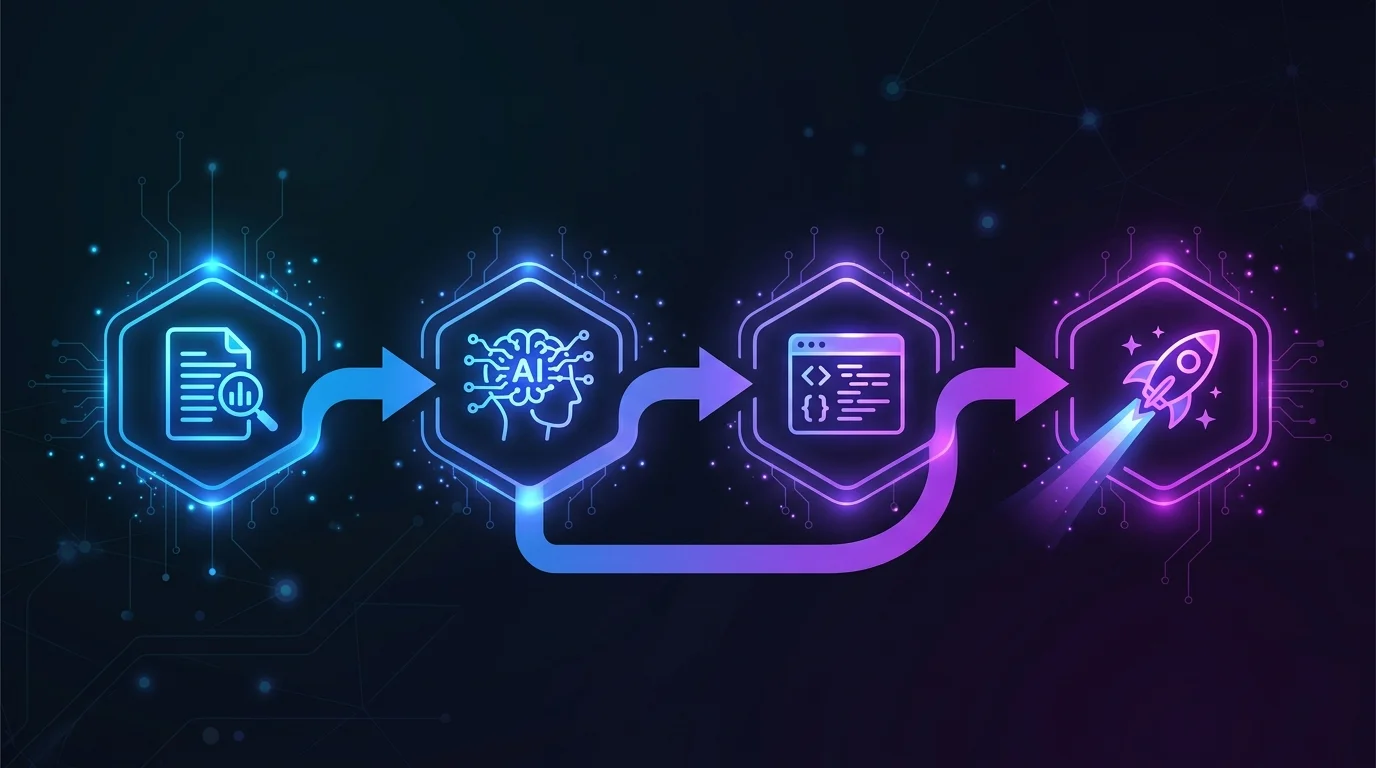 Flowchart showing six-step documentation-first AI migration workflow from architecture extraction through code generation to human review