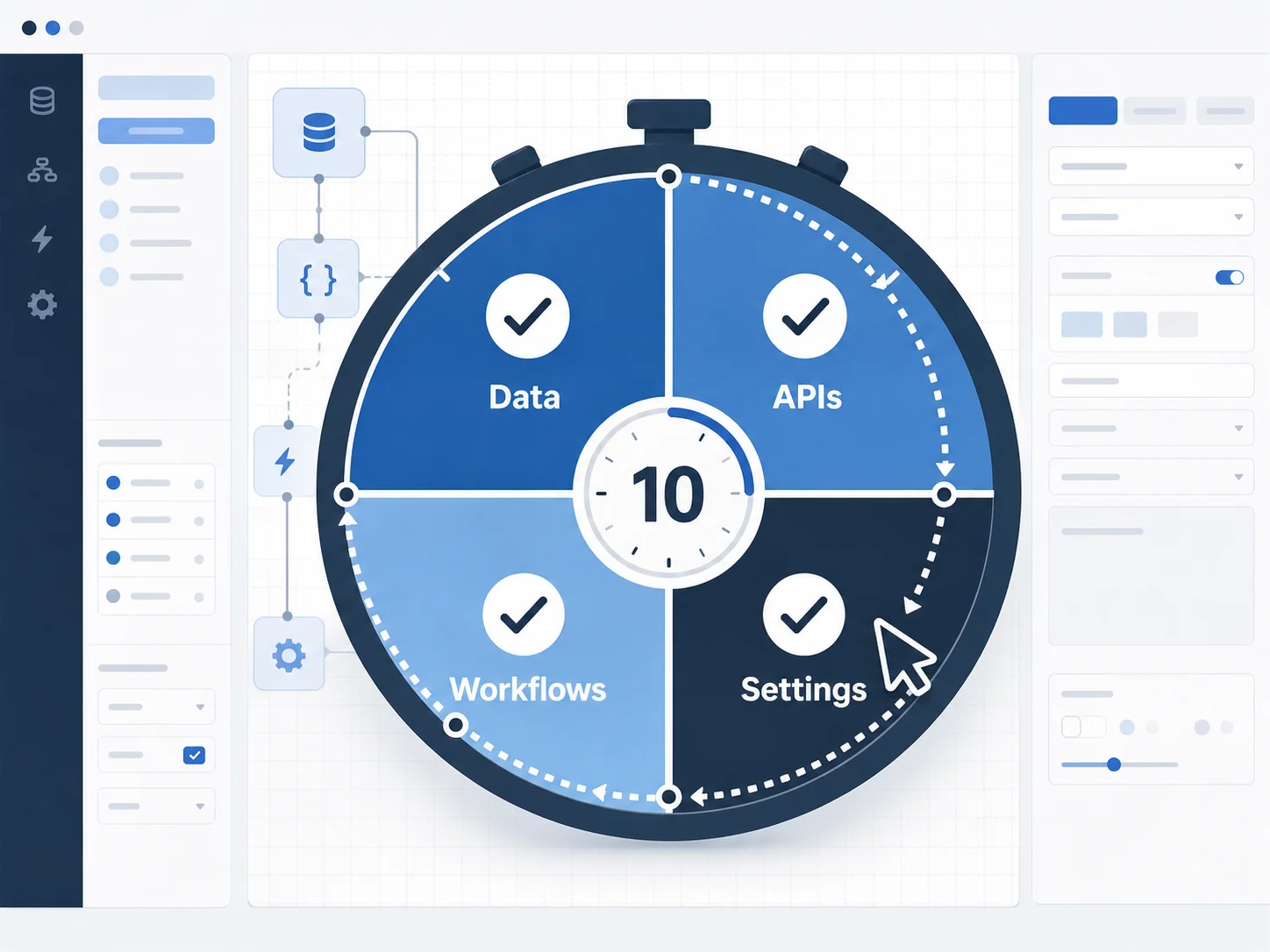 Ten-minute audit checklist illustration showing four layers — Data, APIs, Workflows, Settings — being checked off by a navigation cursor