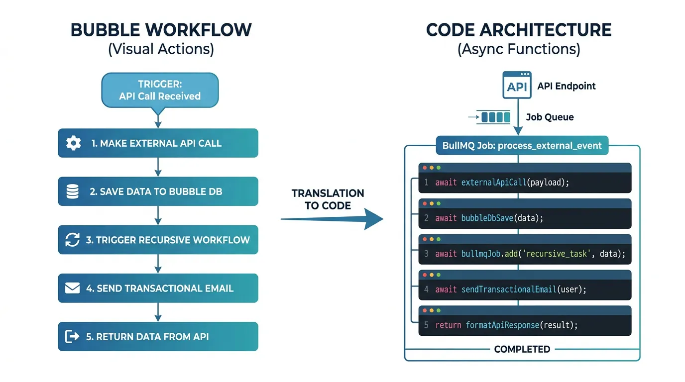 Diagram showing a Bubble API workflow with 5 actions translating to an API endpoint plus a BullMQ job handler with the same 5 actions as async steps