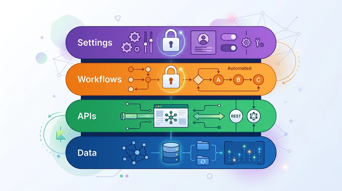 Diagram showing four Bubble.io architecture layers that need extraction for migration — data structure, API connectors, backend workflows, and app settings