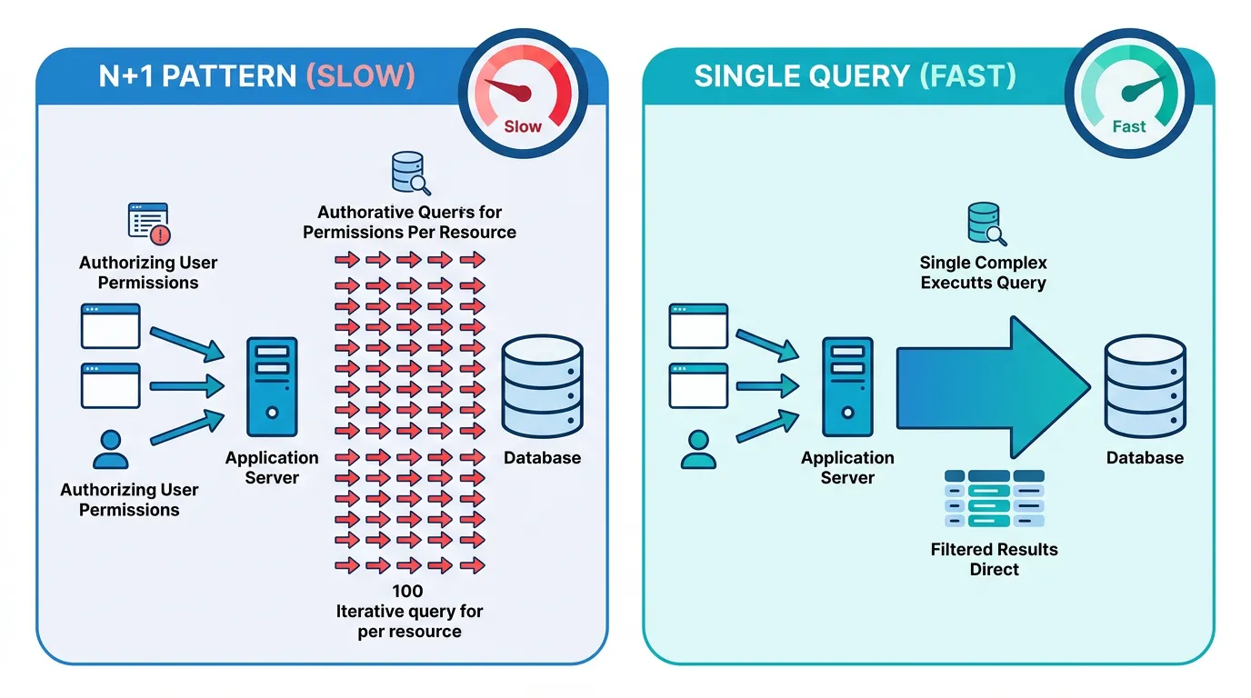 Performance comparison showing N+1 authorization pattern versus single-query authorization with JOIN-based filtering