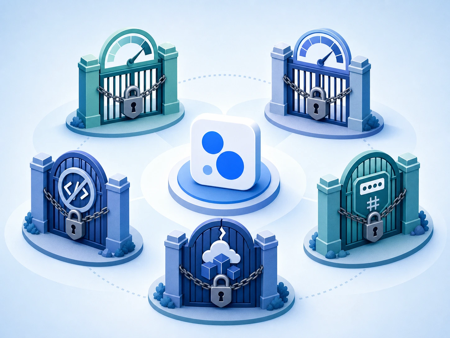 Conceptual illustration of five architectural limits in Bubble.io drawn as sealed gates around a central app icon