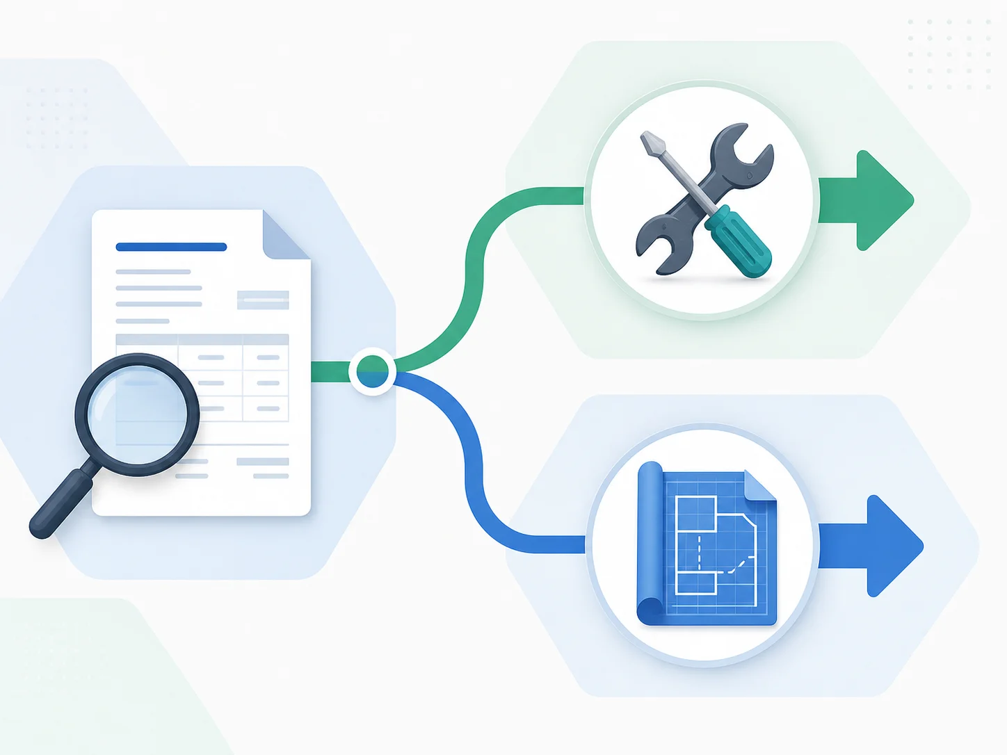 Decision flowchart illustration showing bill analysis branching to two paths — optimize-and-stay with tools, or plan-to-migrate with a blueprint document