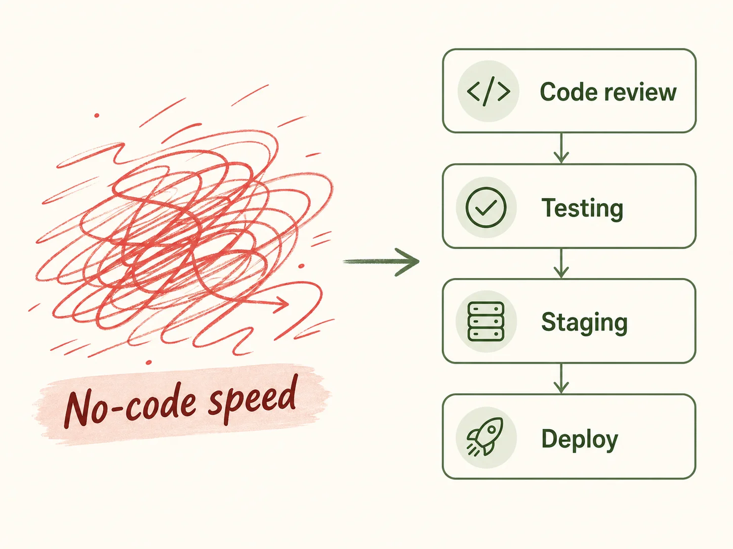 Culture shift illustration with no-code speed scribble on the left and ordered code review, testing, staging, deploy boxes on the right