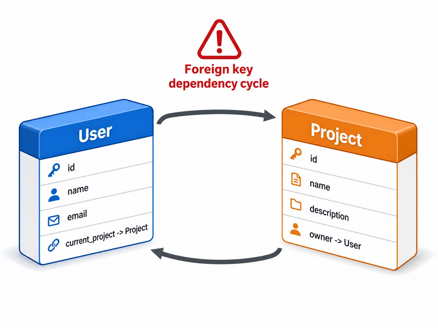 Diagram of circular reference between User and Project types with bidirectional arrows showing the foreign key dependency cycle that complicates table creation order in PostgreSQL