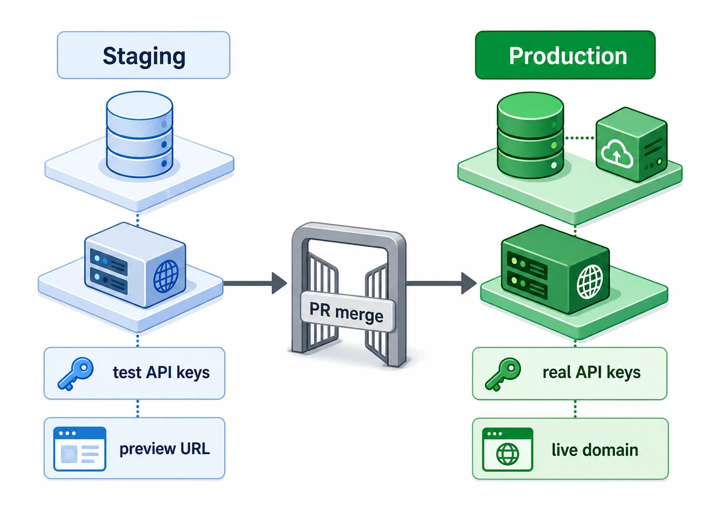 Two parallel environment stacks comparison showing staging stack with test API keys and preview URL on the left and production stack with real API keys, automated backups, and live domain on the right, separated by a PR merge gate