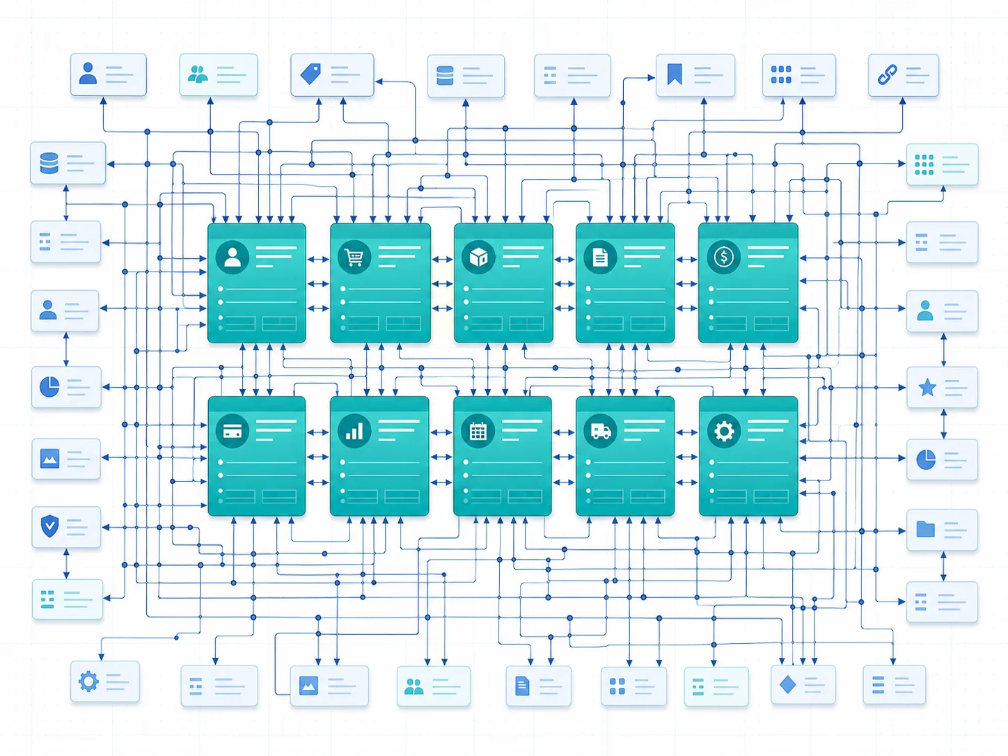 Complex 47-entity ERD with ten central core entities highlighted in teal, peripheral lookup and join entities in lighter shades, foreign-key arrows showing density