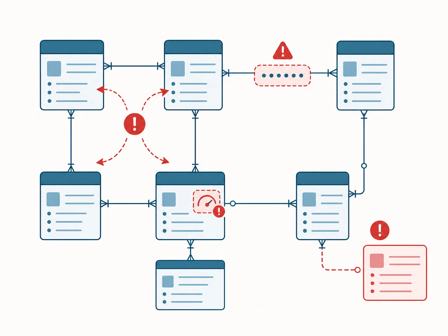ERD diagram with red highlights on four problem patterns — circular reference loop, list field bridging two entities, denormalized count field marked stale, orphan record marker
