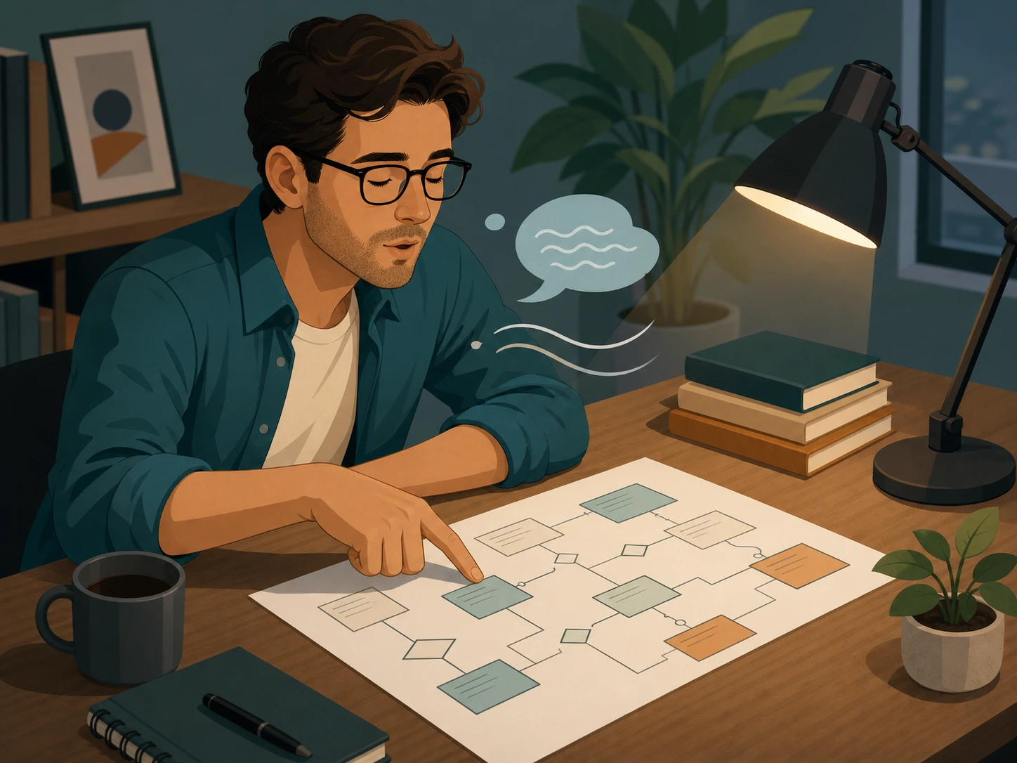 Architect narrating an entity-relationship diagram aloud at a desk, finger tracing arrows between entities