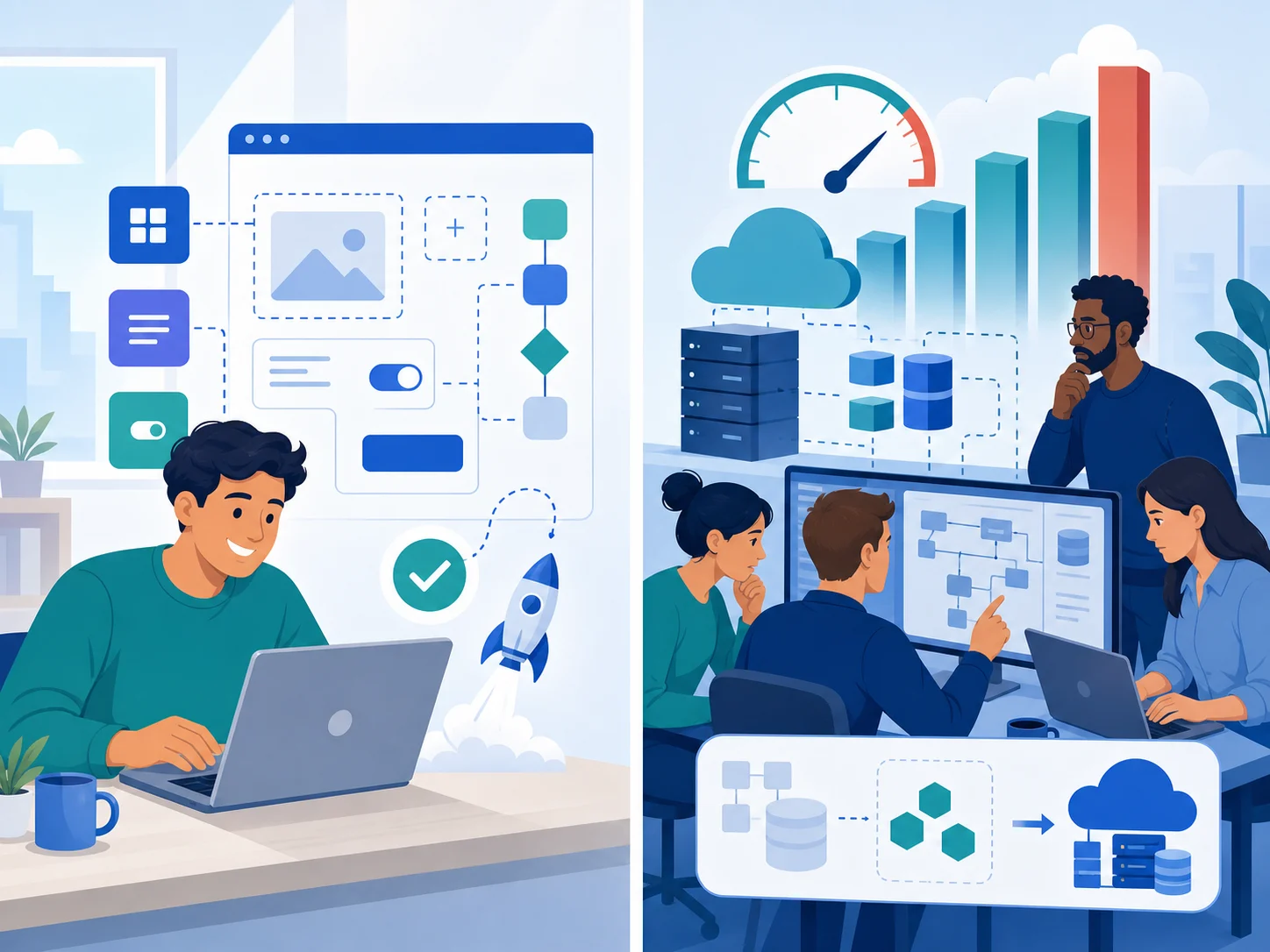Two-panel illustration showing a happy founder shipping an MVP on Bubble on the left and a scaling team considering migration on the right