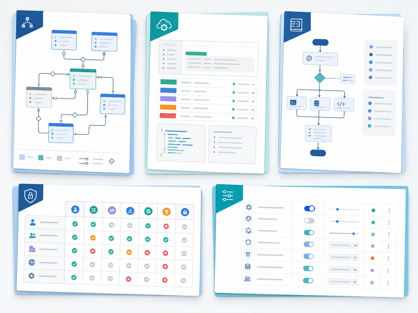 Documentation package mosaic showing ERD diagram, API specification, workflow runbook, privacy matrix, and settings inventory as clean professional document mockups