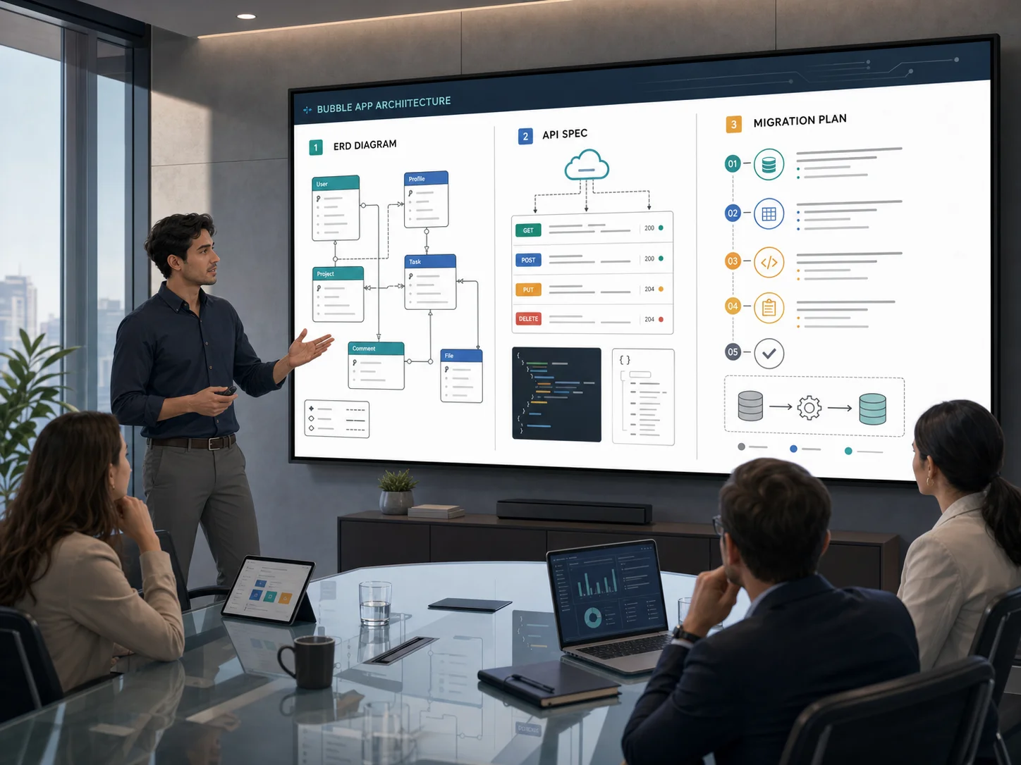 Investor pitch room scene with founder presenting Bubble app architecture documentation on screen showing ERD diagram, API spec, and migration plan side by side