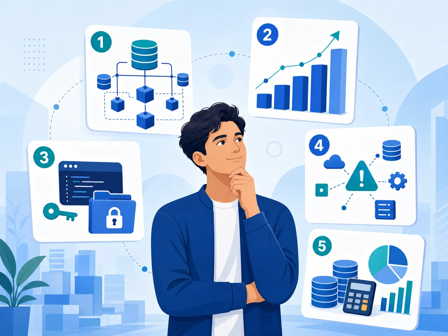 Conceptual illustration showing five investor questions floating around a founder figure — data architecture, scaling story, code ownership, integration risk, migration cost