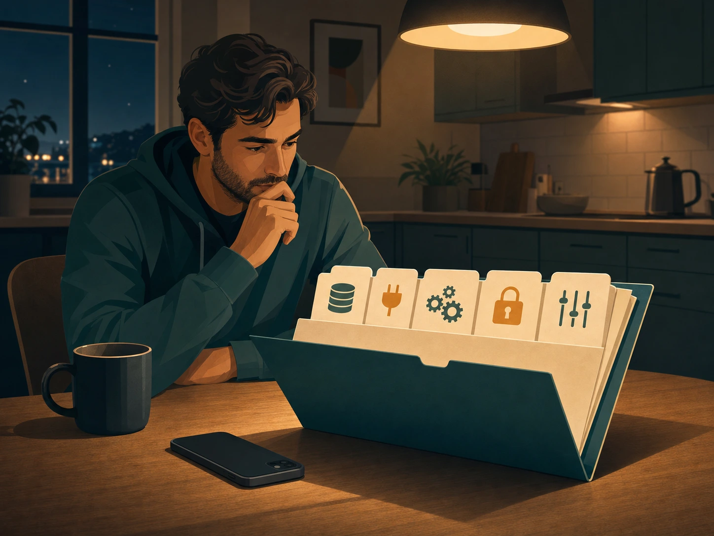 Founder at a kitchen table at night with an open folder, five labeled tabs, a coffee mug, and a face-down phone preparing for an investor pitch