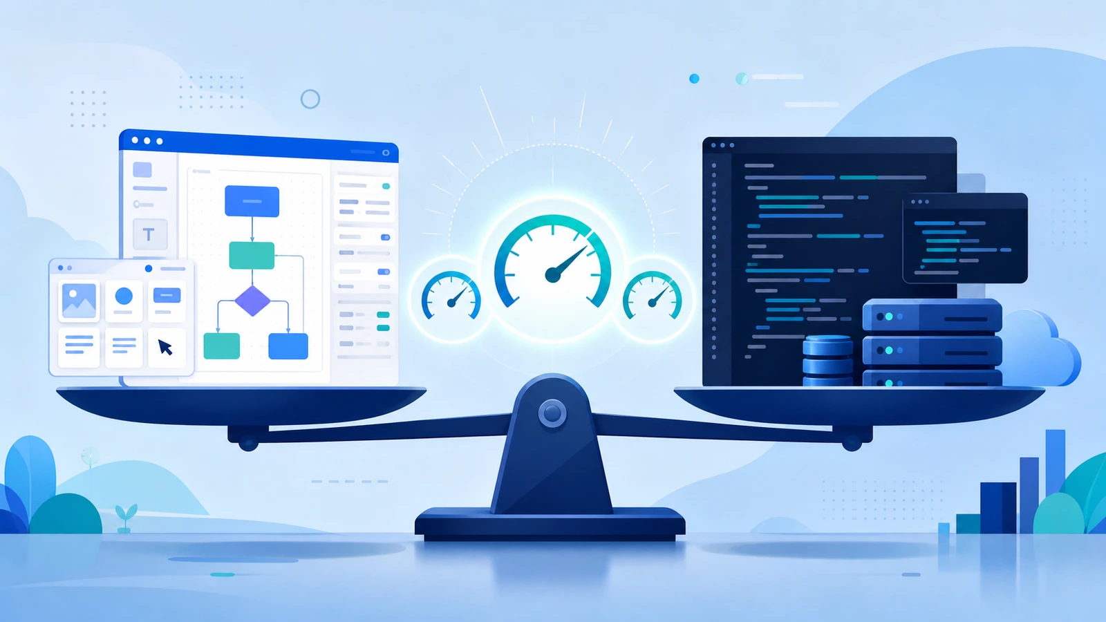 Editorial illustration showing Bubble.io on a decision balance against a custom-code stack with workload-unit cost gauges in the center
