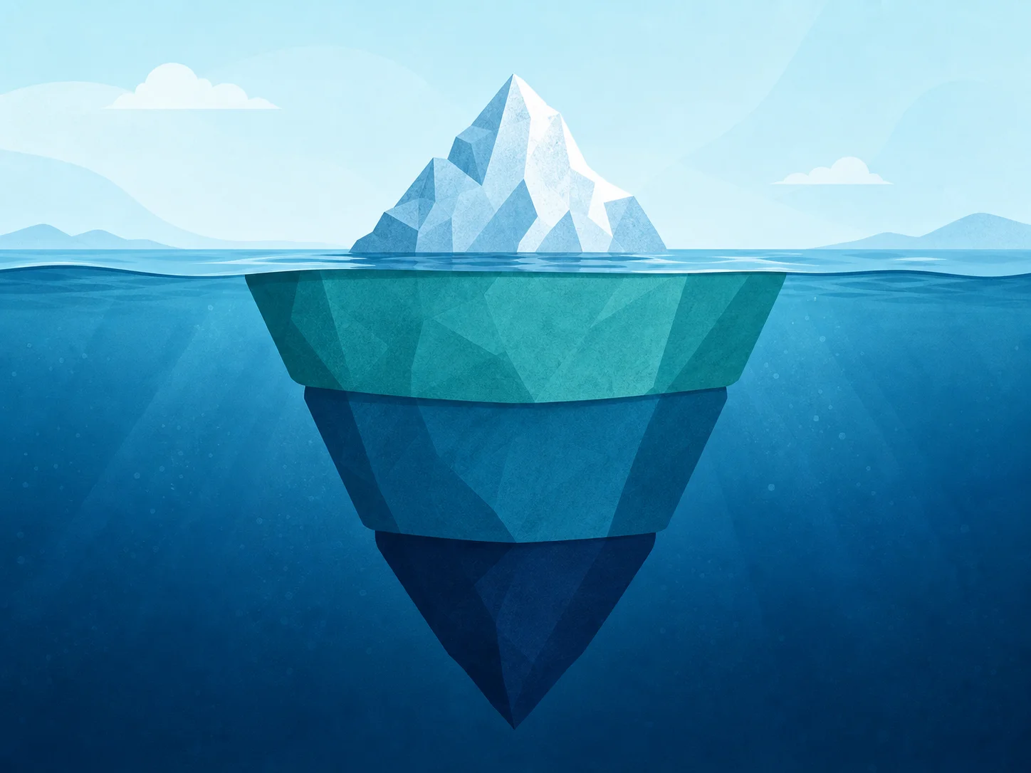 Iceberg-funnel diagram showing the discovery phase as a small visible portion above the surface and rework, hidden workflows, and testing as the much larger submerged section below