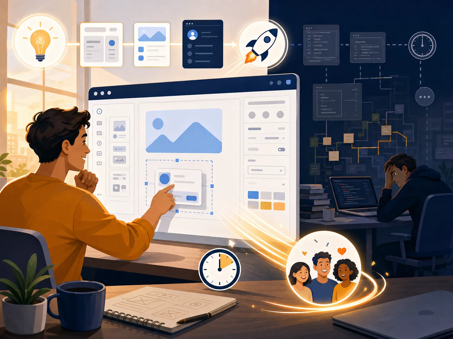 Editorial illustration of a non-technical founder shipping a SaaS MVP on Bubble.io in one weekend, contrasted against a slower custom-code path