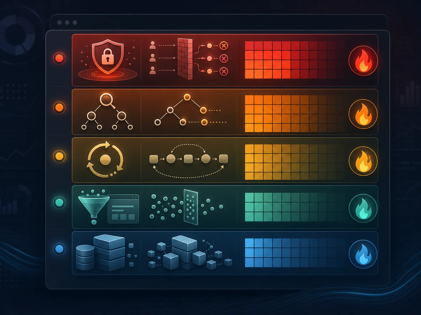 Heat-map ranking five Bubble performance killers — missing privacy rules, client-side filtering, nested searches, recursive workflows, and bloated data types — by combined impact and frequency