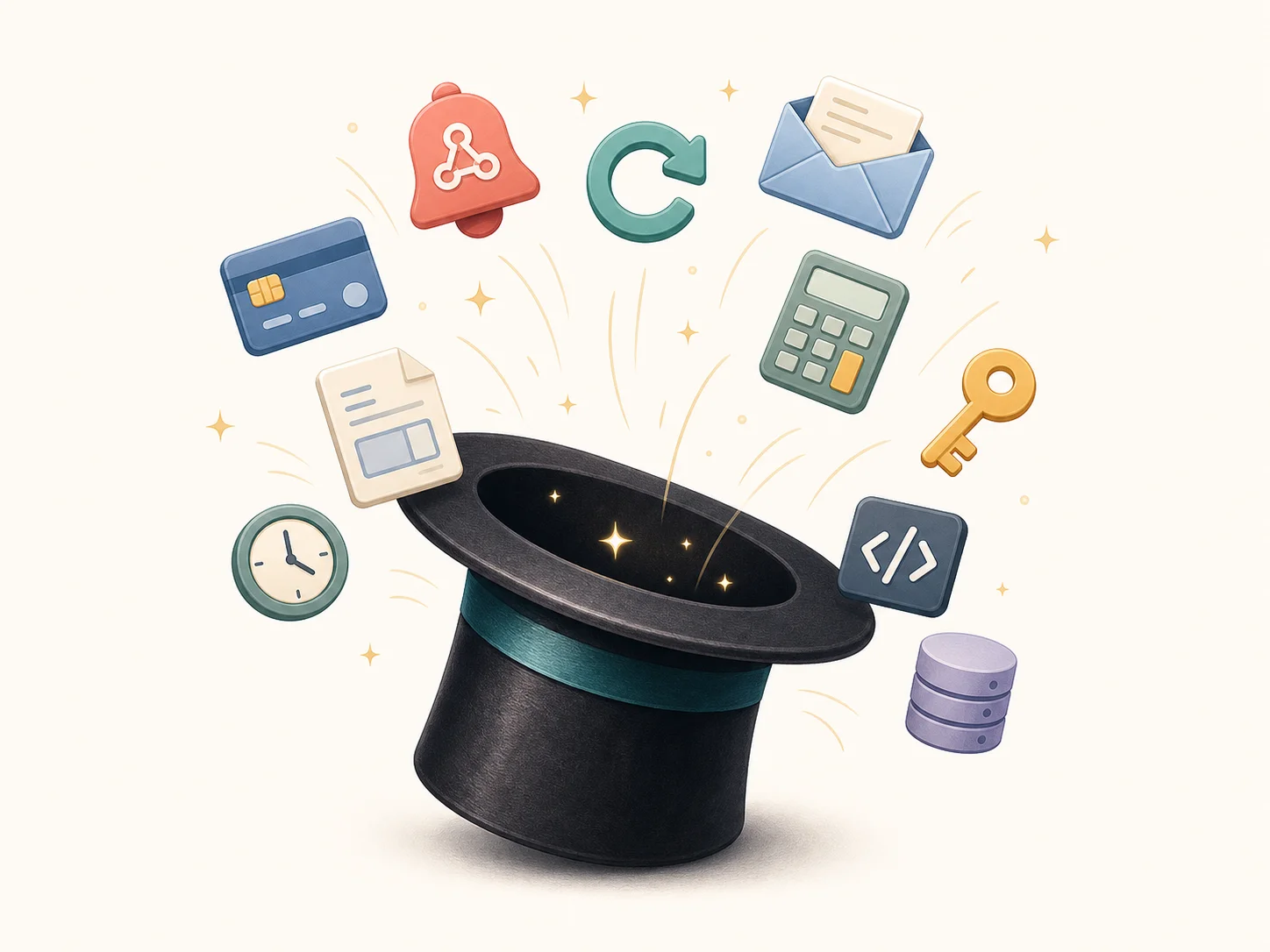 Magicians hat unpacking ten icons including webhook handlers, retry logic, dunning emails, proration calculator, and signature verification representing the hidden complexity inside a single Stripe plugin