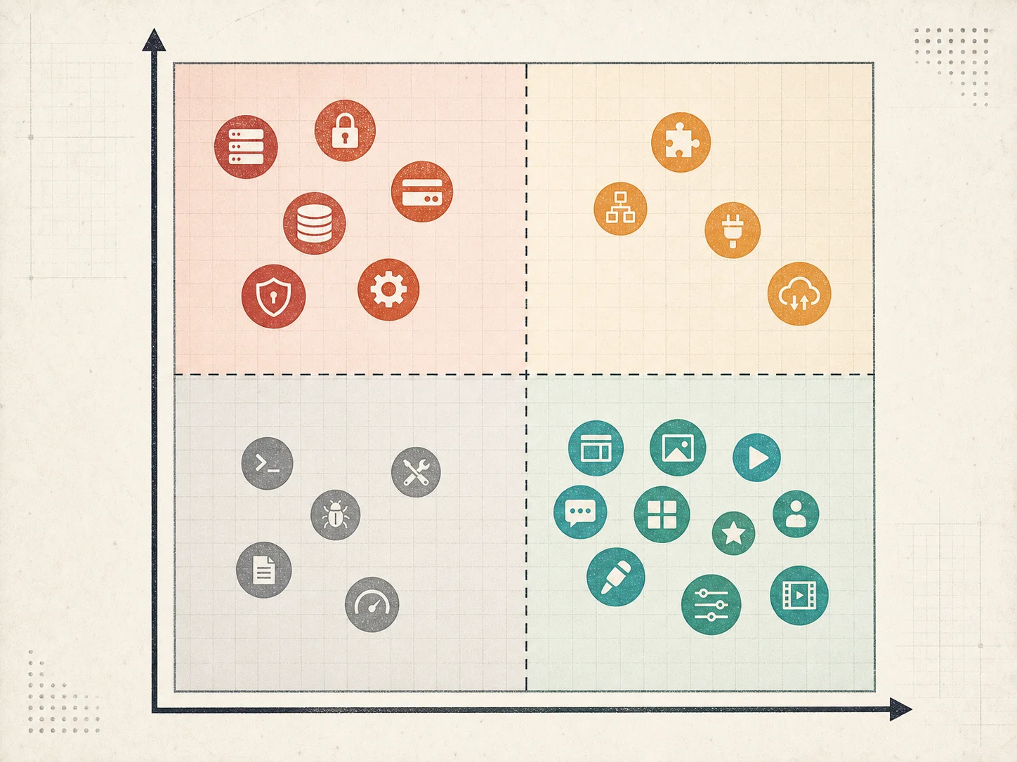 Risk-versus-rebuild-time matrix plotting Bubble plugins by category — Stripe and OAuth at high-risk-slow-rebuild quadrant, charts and push notifications at low-risk-fast-rebuild