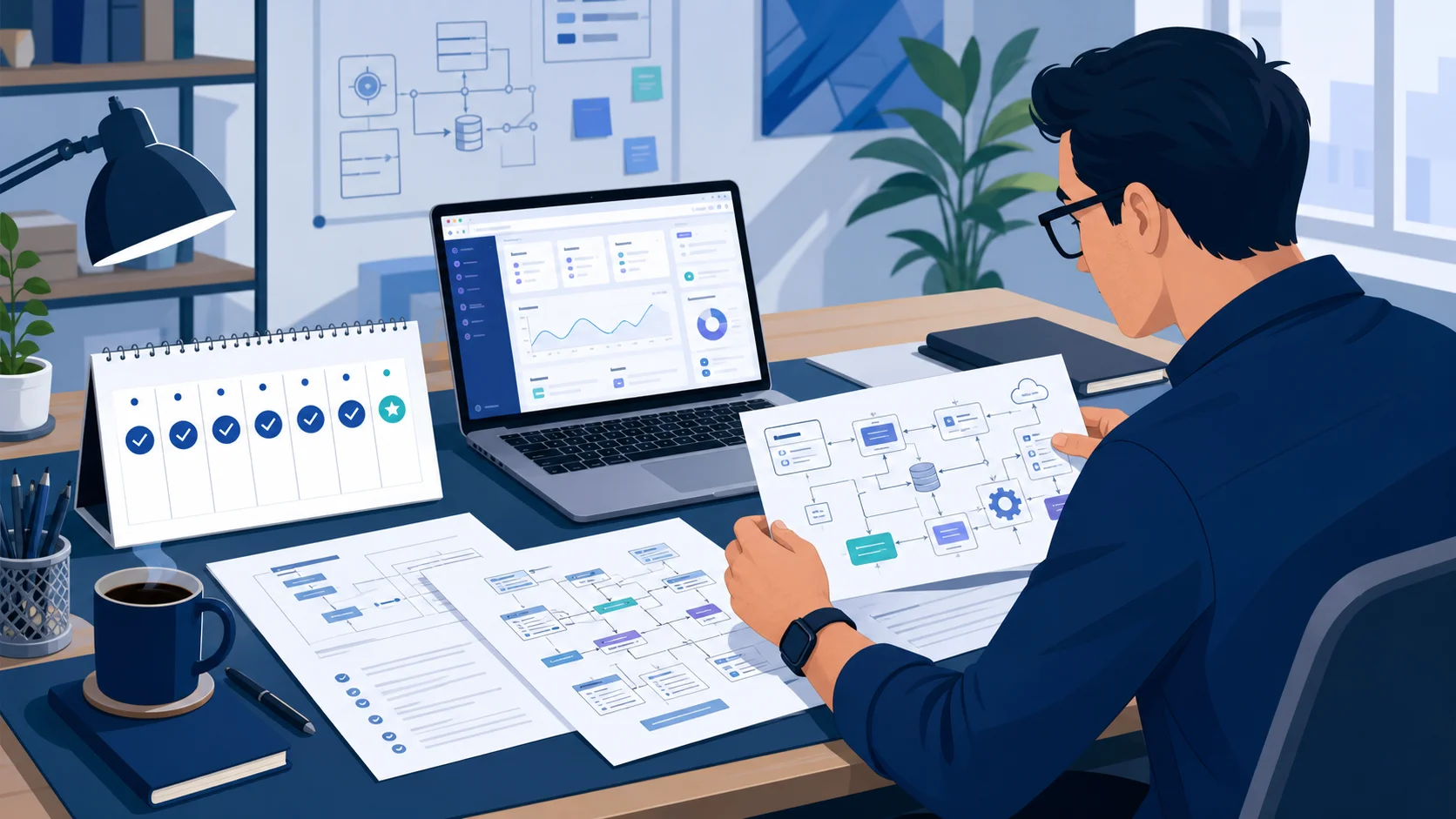 Editorial illustration of a SaaS founder preparing organized documents for an investor meeting with laptop, ERD chart, and a 7-day countdown calendar
