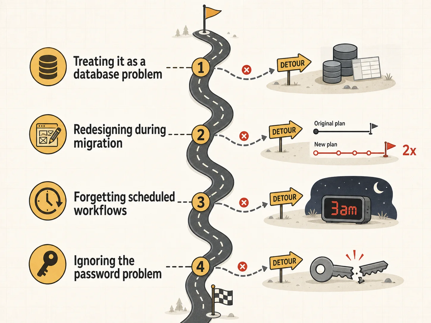 Roadmap diagram visualizing four common Bubble-to-code migration pitfalls including database-only thinking, mid-migration redesign, hidden scheduled workflows, and password export gaps