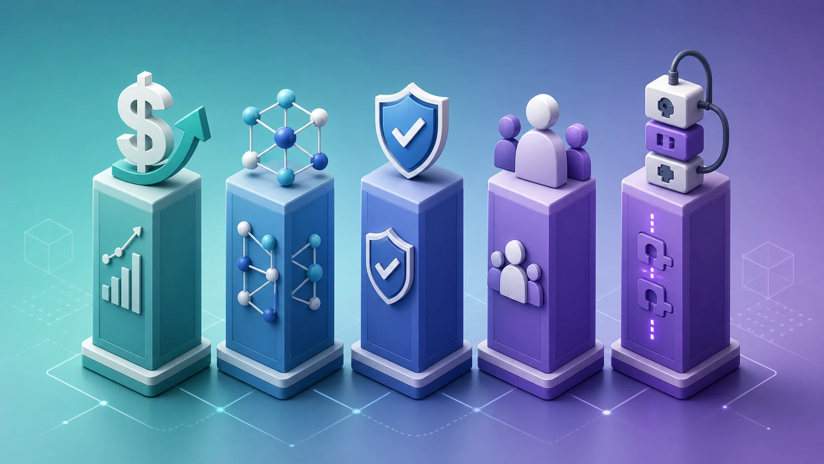 Five-pillar isometric infographic showing Bubble vendor lock-in risk factors as columns: pricing dependency, architecture complexity, compliance requirements, team dependency, integration depth