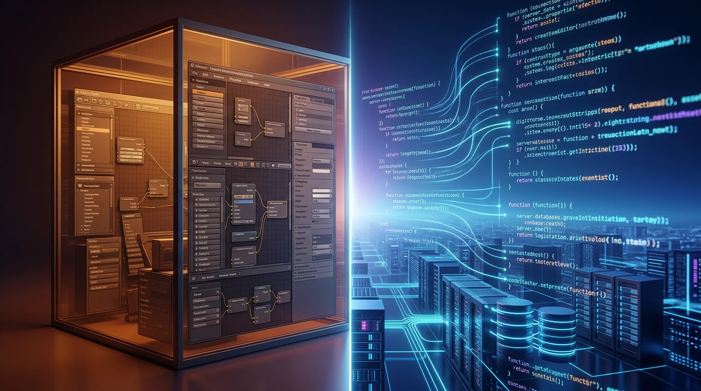 Comparison of Bubble.io versus custom code stacks showing common migration targets by app complexity