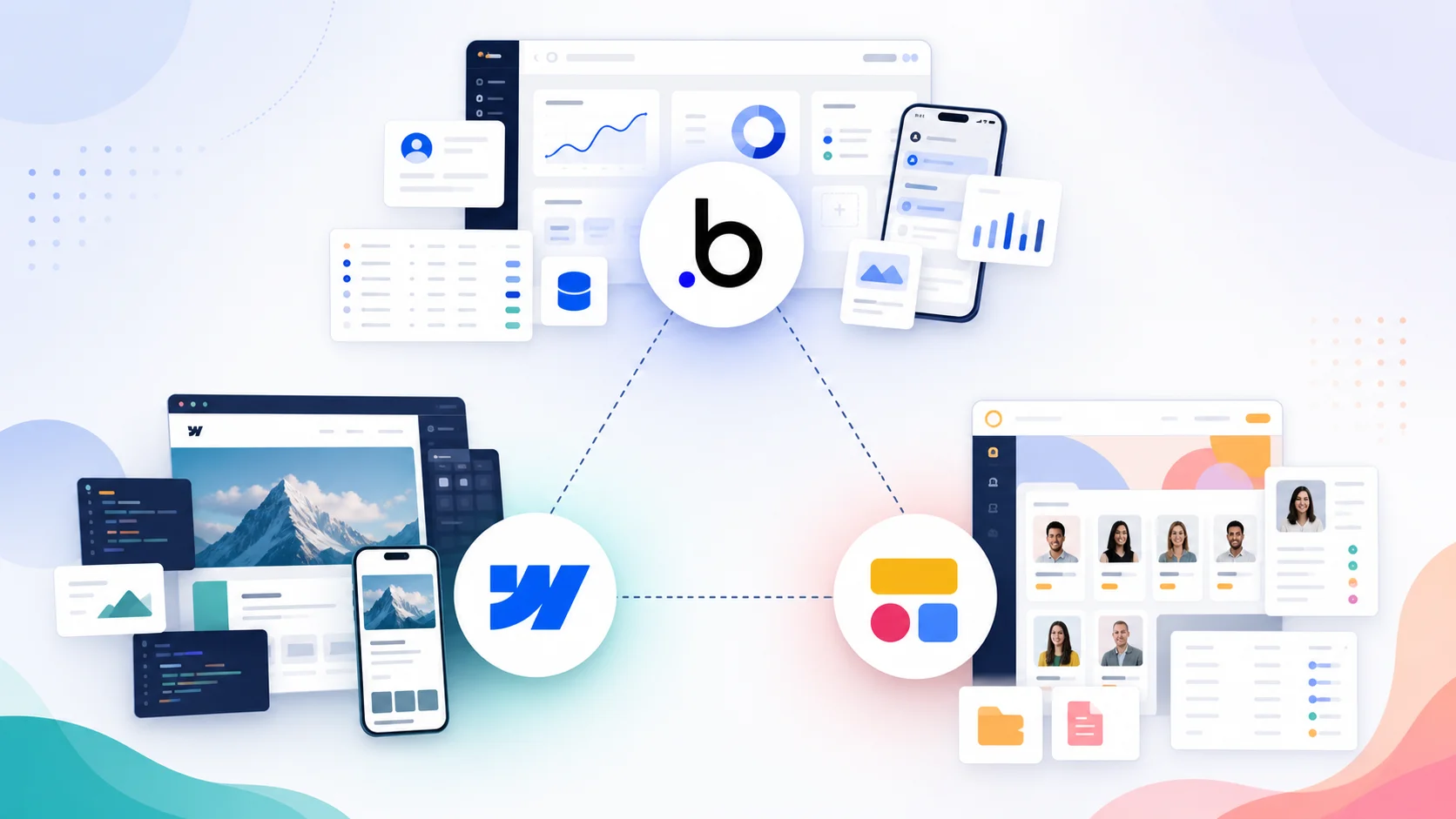 Editorial illustration of Bubble, Webflow, and Softr arranged on a decision triangle — SaaS apps, marketing sites, and client portals