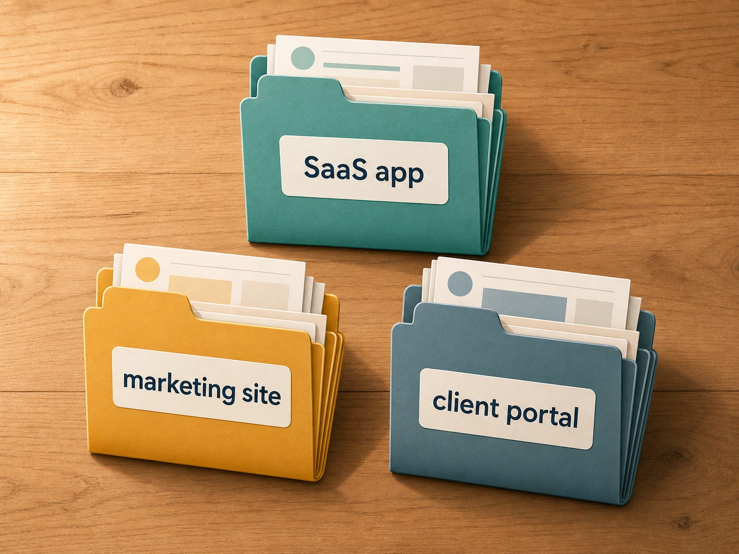 Three folder stacks arranged on a desk representing SaaS app, marketing site, and client portal jobs handled by separate tools