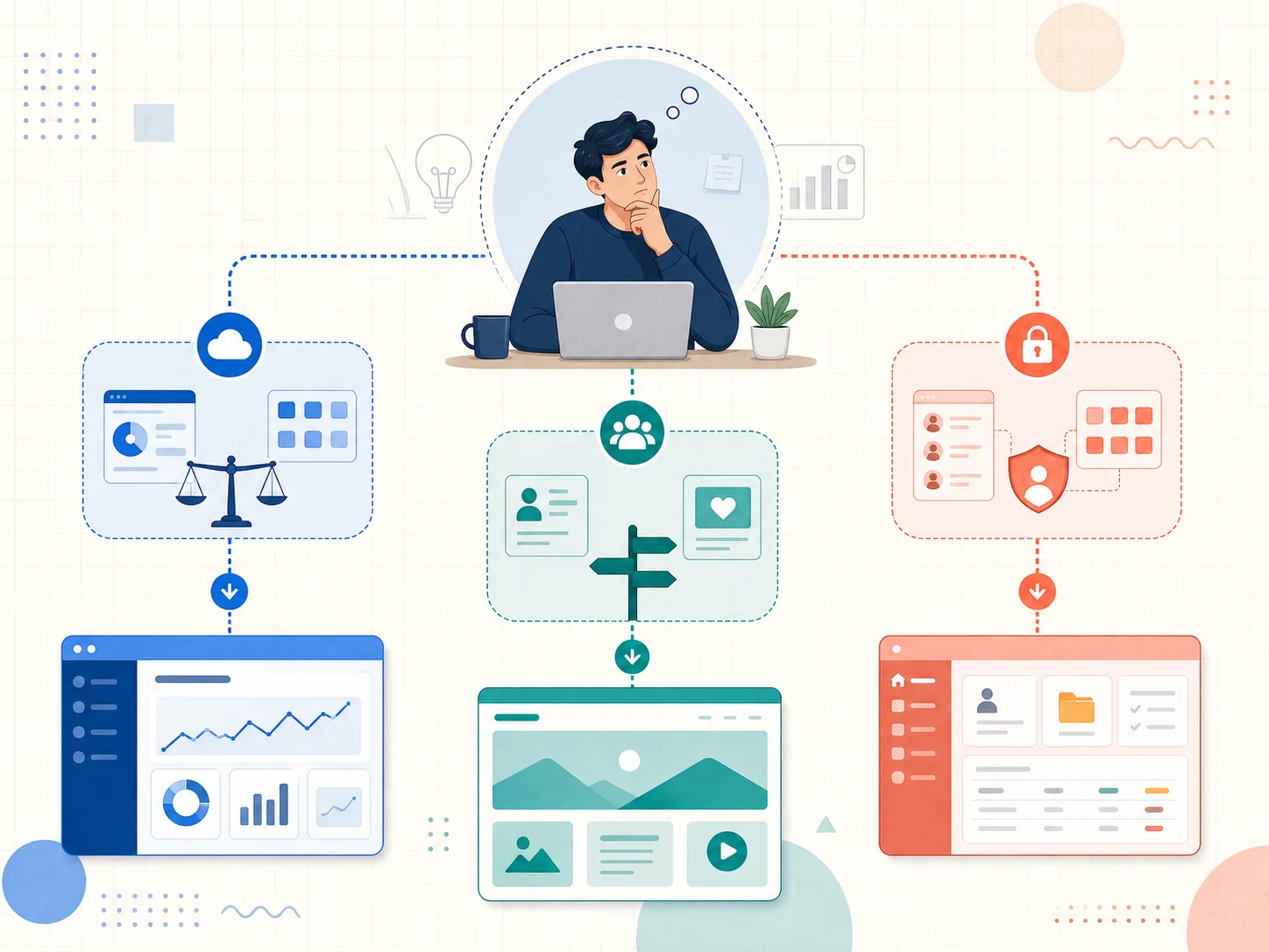 Decision matrix flowchart with branches for SaaS app, marketing site, and internal portal mapping to Bubble, Webflow, and Softr respectively