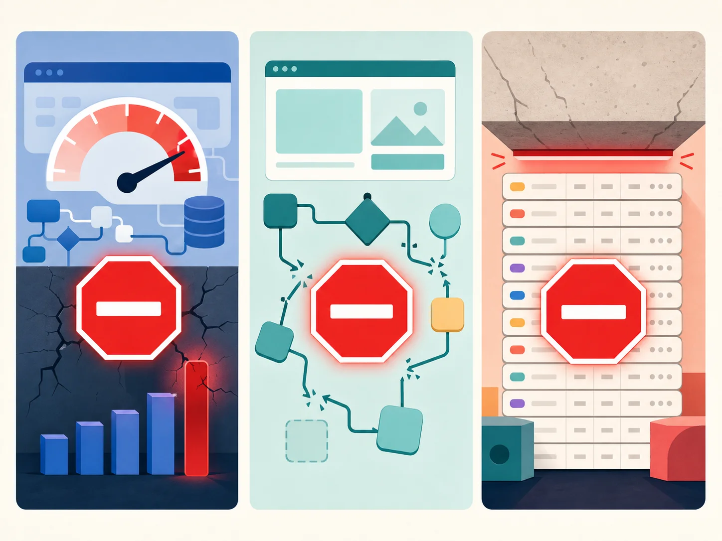 Three failure-mode panels: Bubble hitting a workload-unit cost wall, Webflow breaking under complex business workflow, Softr running into Airtable record-limit ceilings