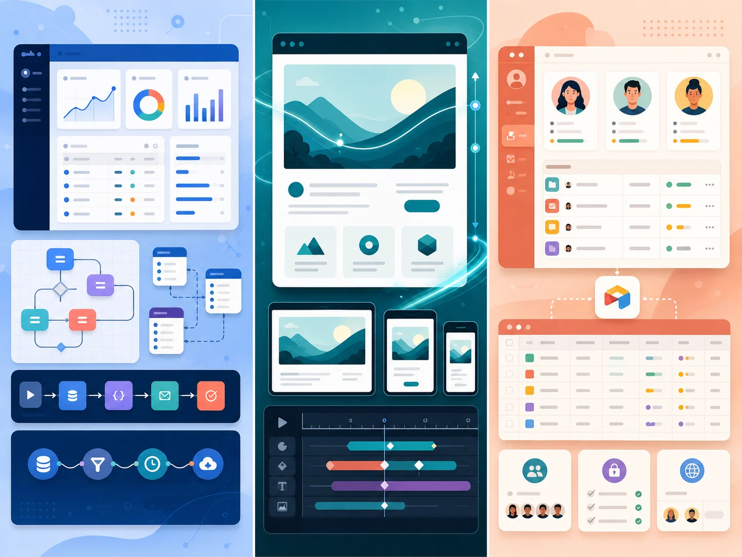 Three-panel comparison showing each platform at its peak strength — Bubble building a SaaS dashboard, Webflow rendering a marketing site, Softr presenting an Airtable-backed portal