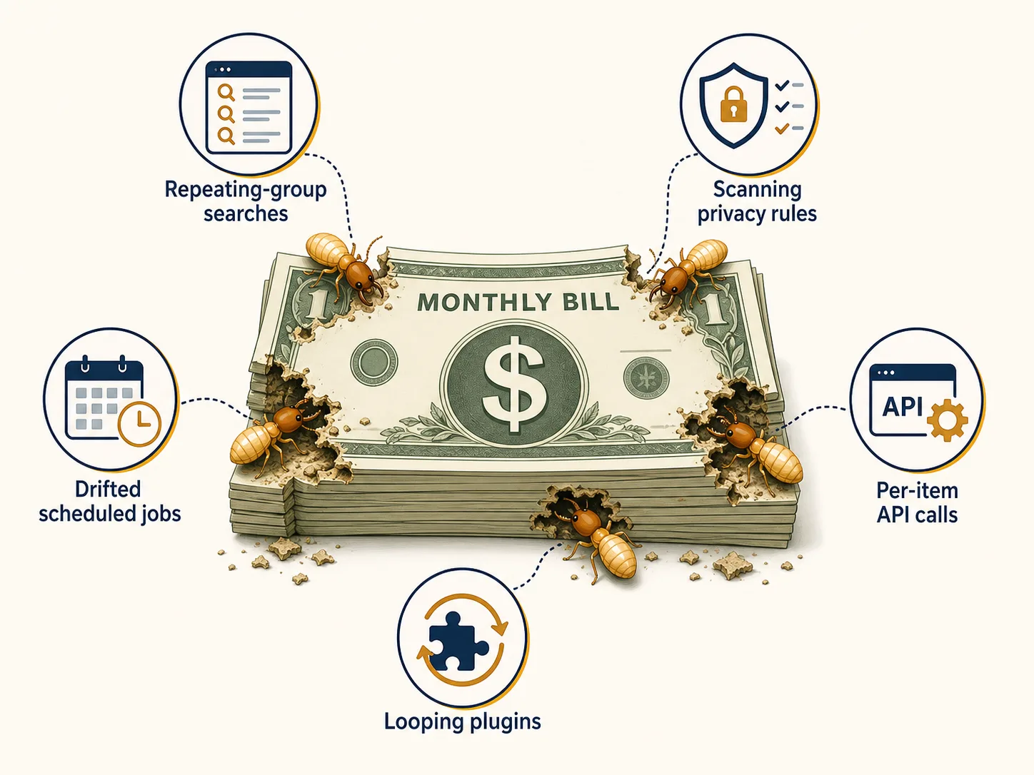 Conceptual illustration of five Bubble.io workload-unit anti-patterns visualized as small predators eating away at a monthly bill stack