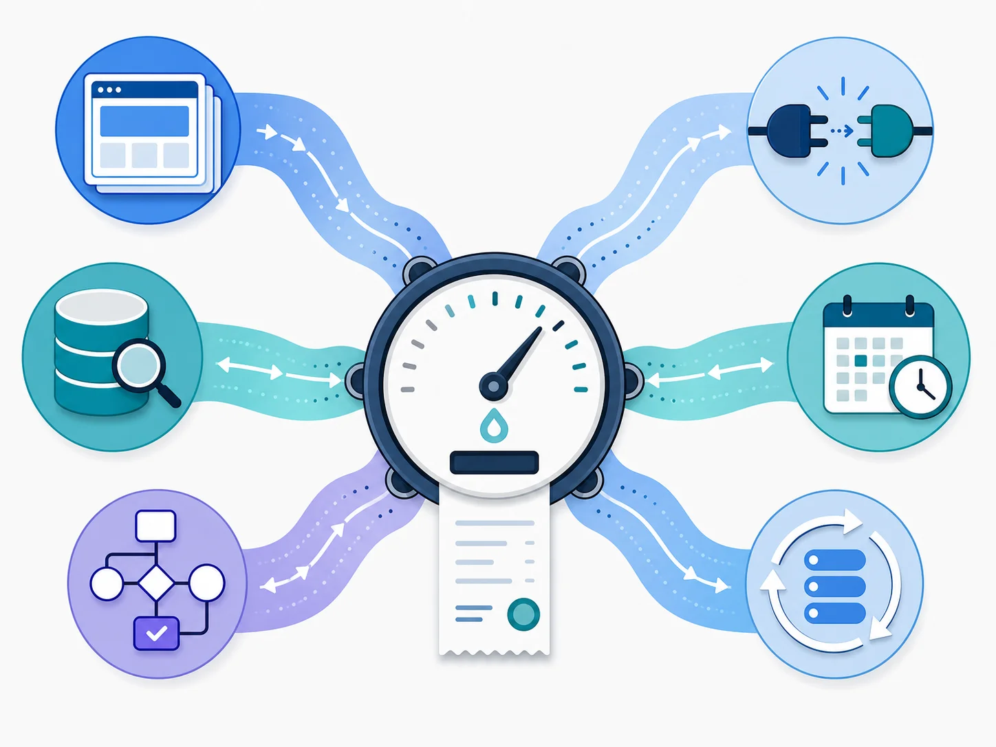 Infographic showing six cost driver streams flowing into a central workload-unit meter — page loads, database searches, workflow actions, API connector calls, scheduled backend workflows, and recursive list workflows