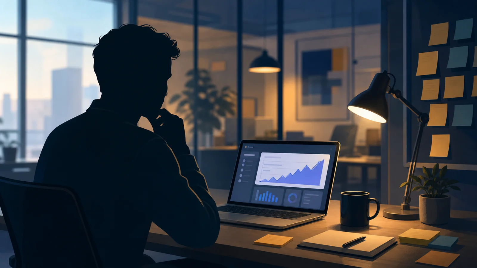 Composite illustration of an anonymous Series A SaaS founder at a desk reviewing a Bubble dashboard, face deliberately obscured to indicate the persona is composite rather than a single individual