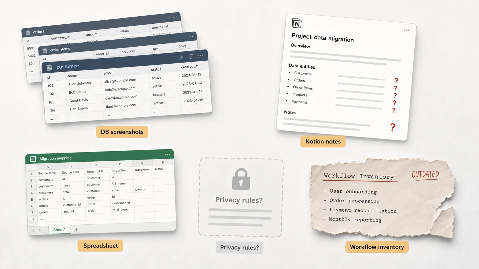 Diagram showing a fragmented Before-Relis migration preparation workflow with manual screenshots, partial Notion docs, missing privacy rules, and outdated workflow inventories scattered across multiple sources