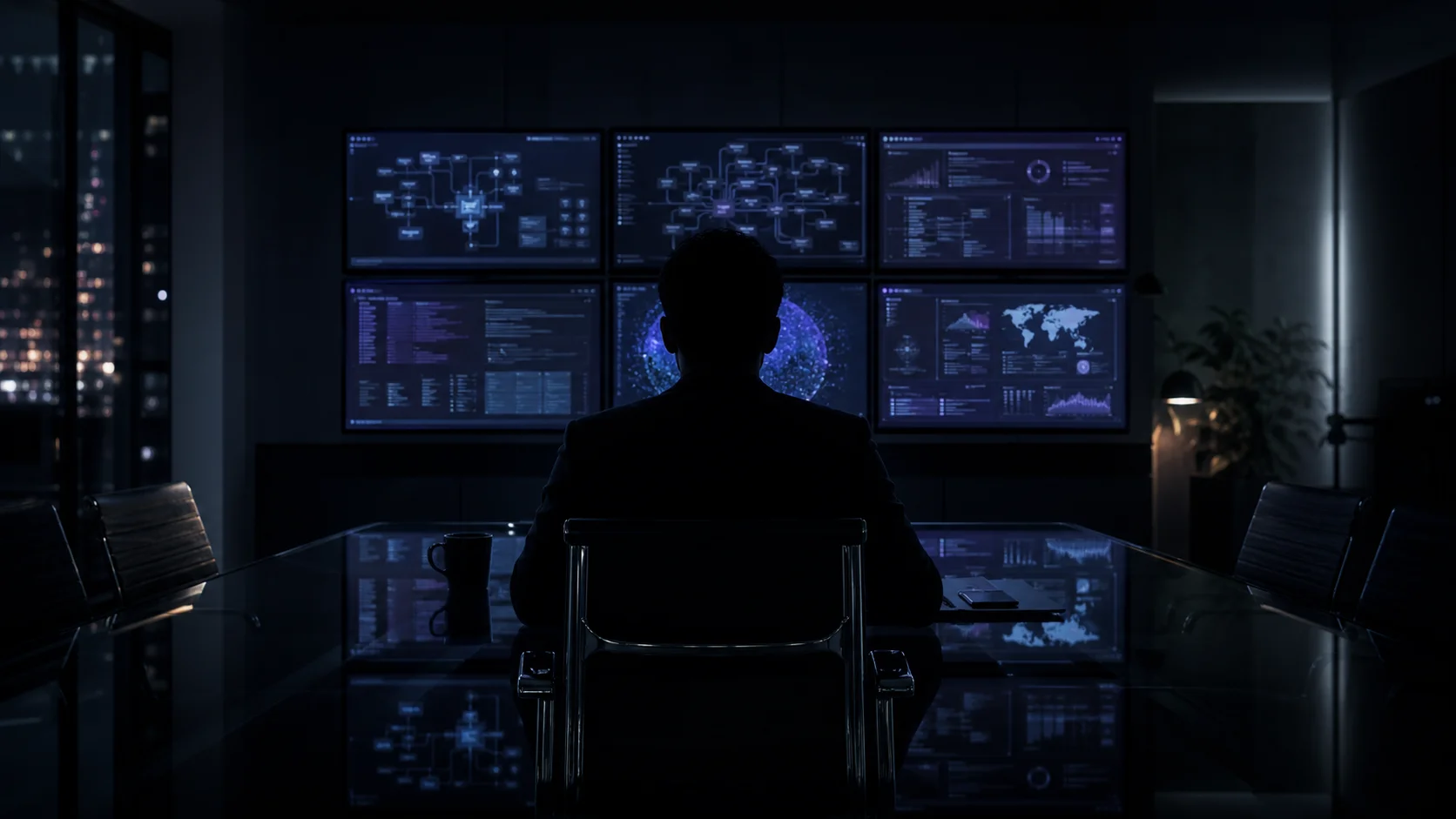 Low-key cinematic illustration of an anonymous fintech CTO silhouetted at a glass conference table, monitors reflecting code, system diagrams, and compliance dashboards in the dark glass, representing a composite case study identity