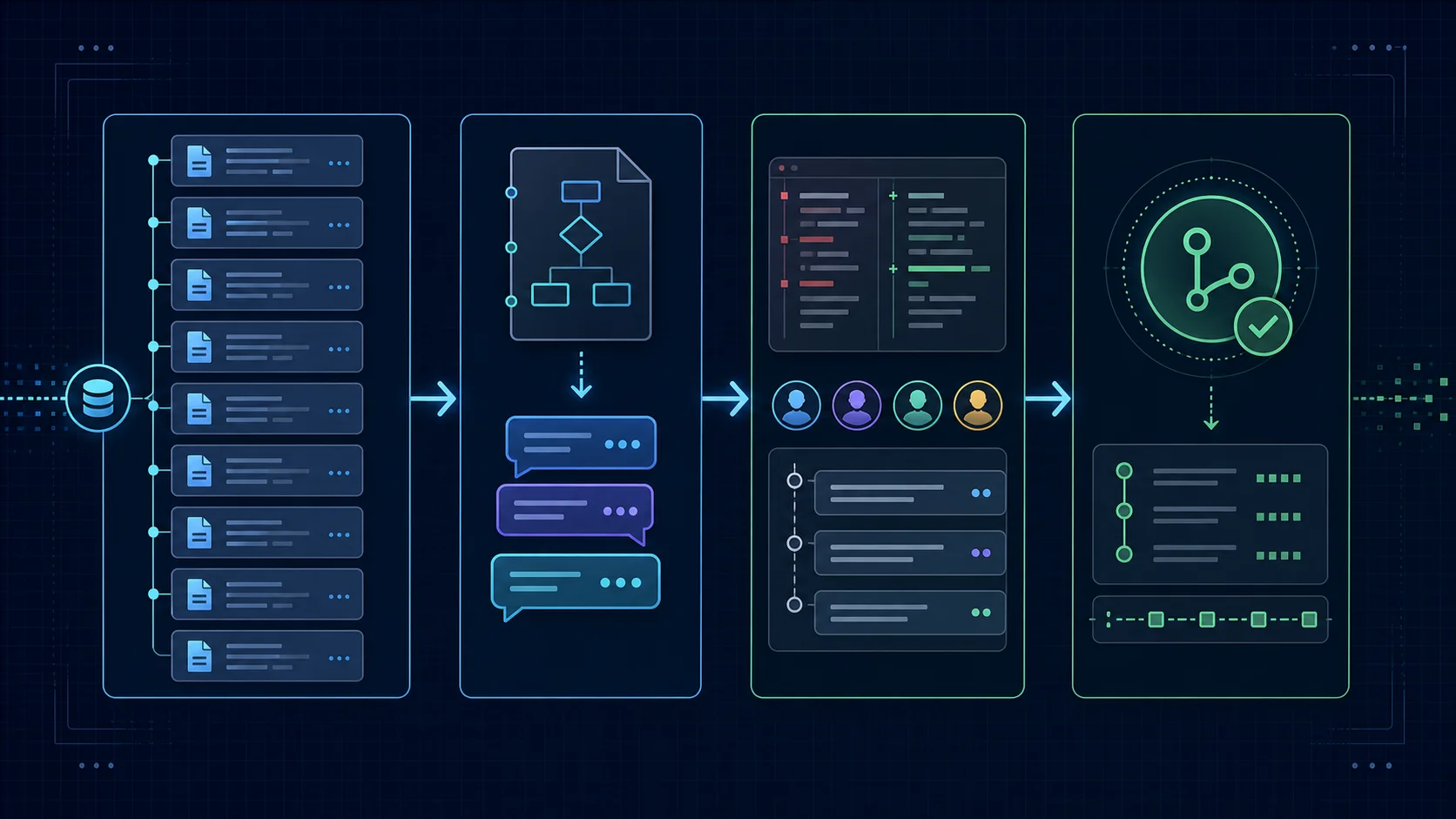 Diagram showing the migration pipeline: Relis extraction produces nine documents, the workflow spec and ERD feed into AI prompts, AI generates a pull request scaffold, a human reviewer edits, and the merged commit is logged for audit