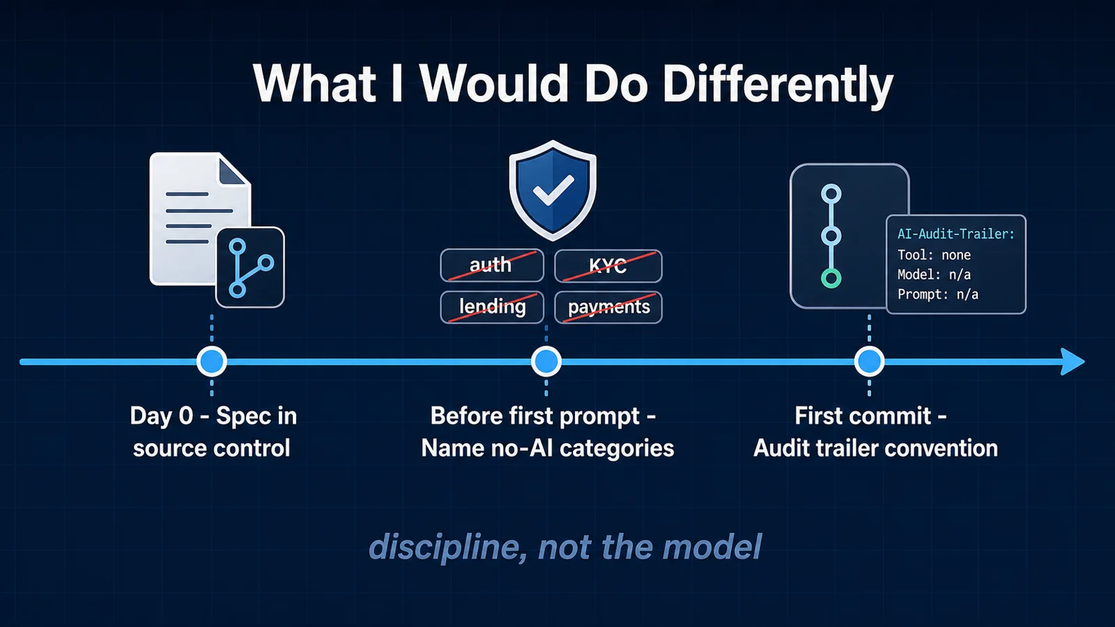 Retrospective timeline showing three things the composite CTO would do differently: spec in source control on day one, no-AI categories named before first prompt, audit trailer convention from first commit