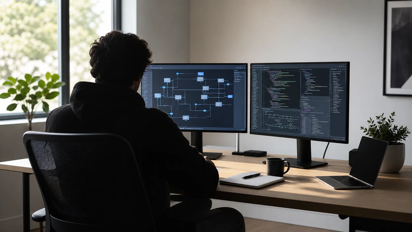 Anonymous freelance Bubble migration consultant silhouetted at a clean home office desk with dual monitors showing architecture diagrams, laptop, notebook, and coffee mug under soft window light, representing a composite consultant identity