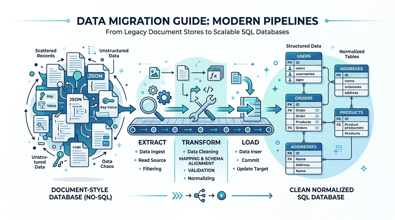 Technical diagram showing the transformation pipeline from Bubble document-style data to normalized SQL tables with junction tables