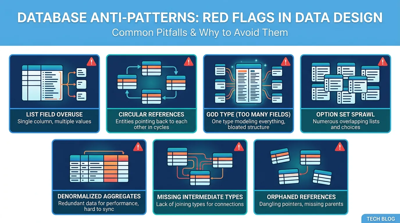 Diagram showing seven common Bubble database design patterns that create migration complexity when translating to PostgreSQL