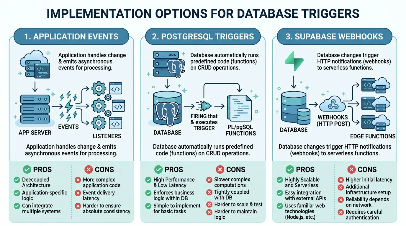 Three implementation options for database trigger workflows: application events, PostgreSQL triggers, and Supabase database webhooks with pros and cons for each