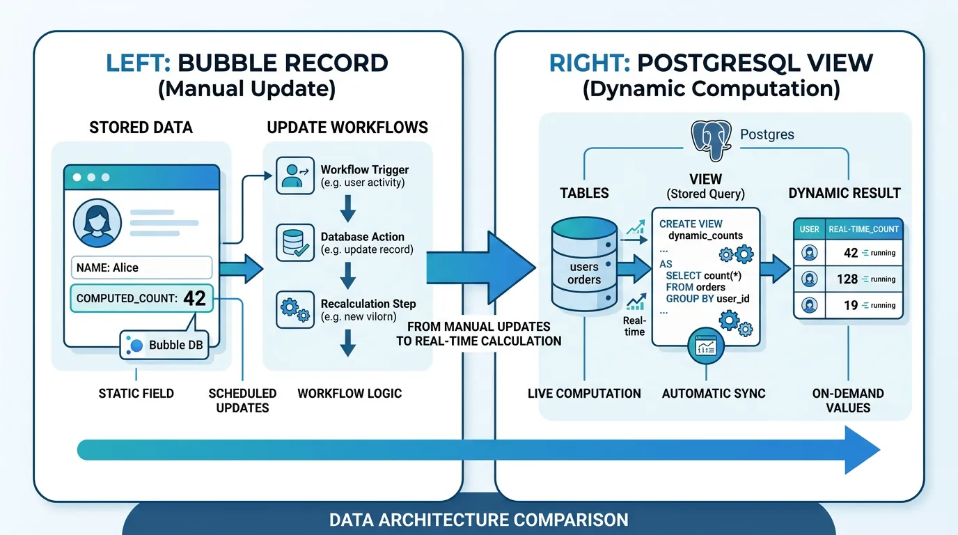 Comparison showing denormalized aggregate fields in Bubble versus computed columns and database views in PostgreSQL that calculate the same values in real-time
