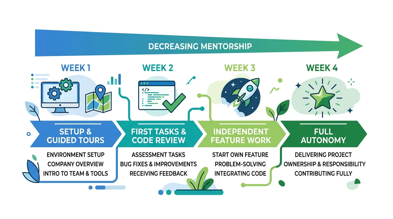 Onboarding timeline showing Week 1 setup and guided tours, Week 2 first tasks and code review, Week 3-4 independent feature work with decreasing mentorship