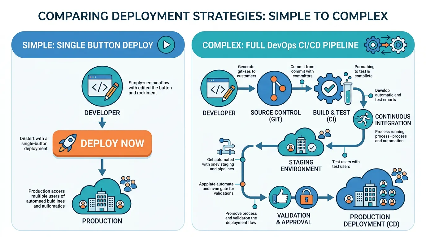 Comparison showing Bubble's single-click deploy workflow versus the custom code DevOps stack with Git, CI/CD, staging, and production environments